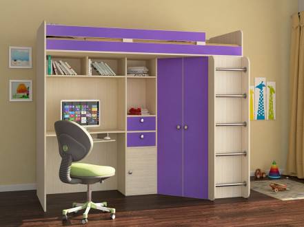 Кровать-чердак астра 1 дуб молочный фиолетовый рв-мебель фиолетовый 201.5x185.5x99.5 см. фото
