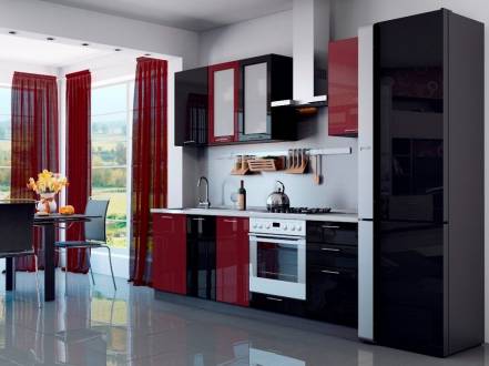 Прямая кухня валерия-м-03 бордовый глянец черный металлик фото