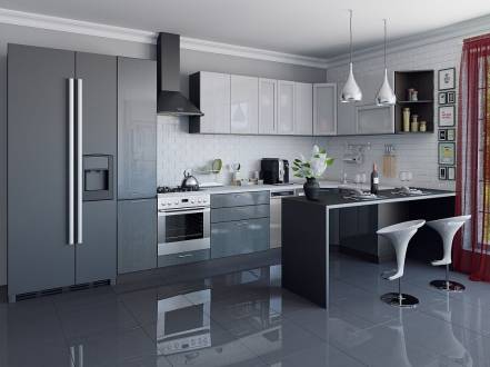 Угловая кухня валерия-м-04 серый металлик дождь светлый черный металлик дождь фото