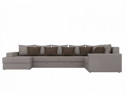 П-образный диван мэдисон рогожка бежевый с бежевыми и коричневыми подушками фото