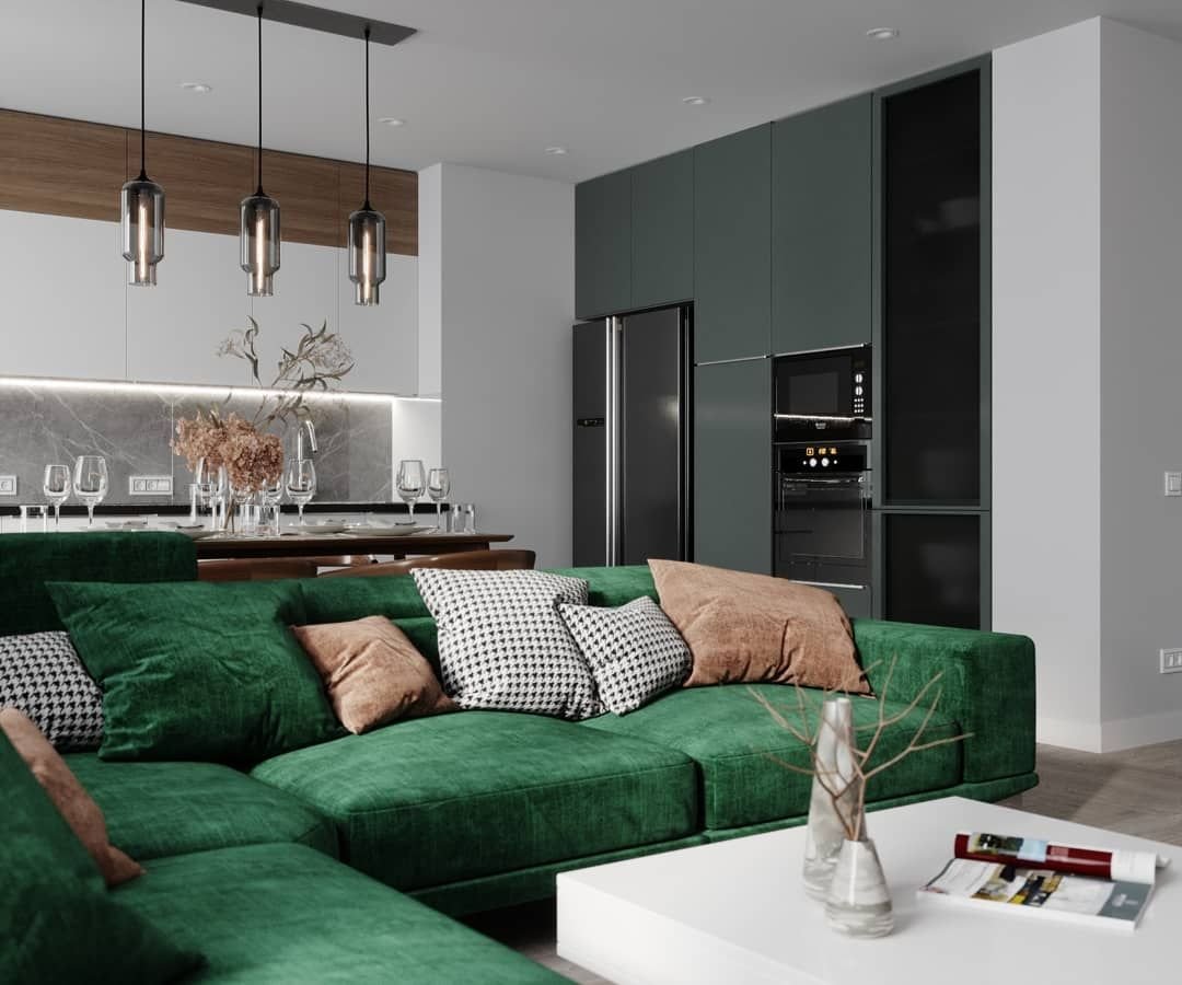 Зеленый угловой дизайн в интерьере кухни-гостиной