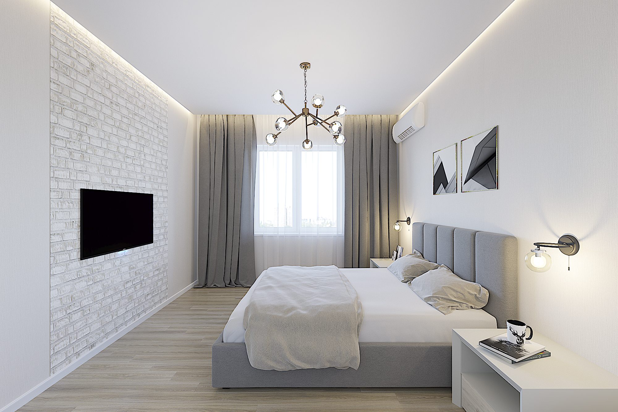 Светлая белая минимализм спальня