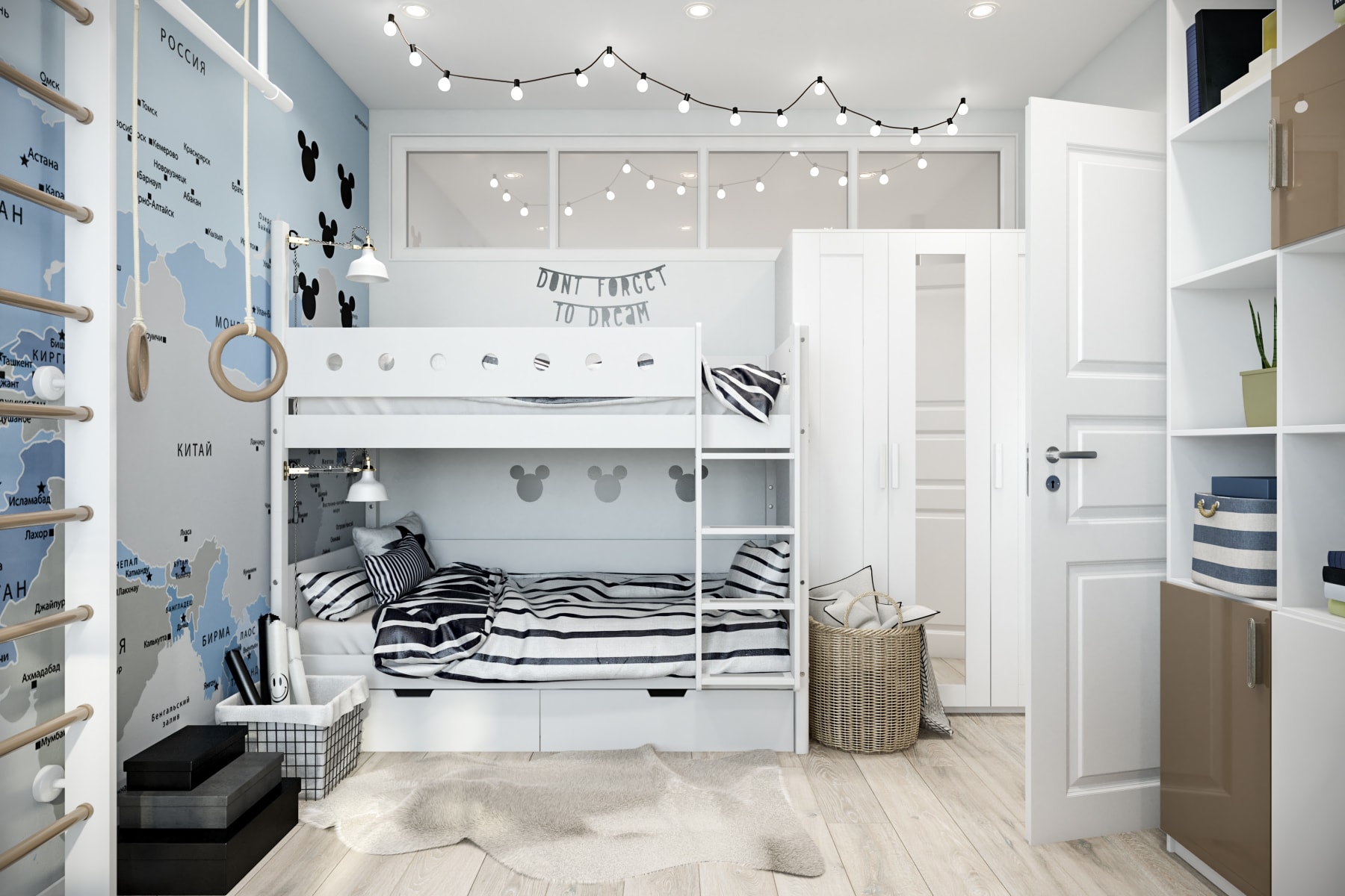 Белая комната с двухъярусной кроватью