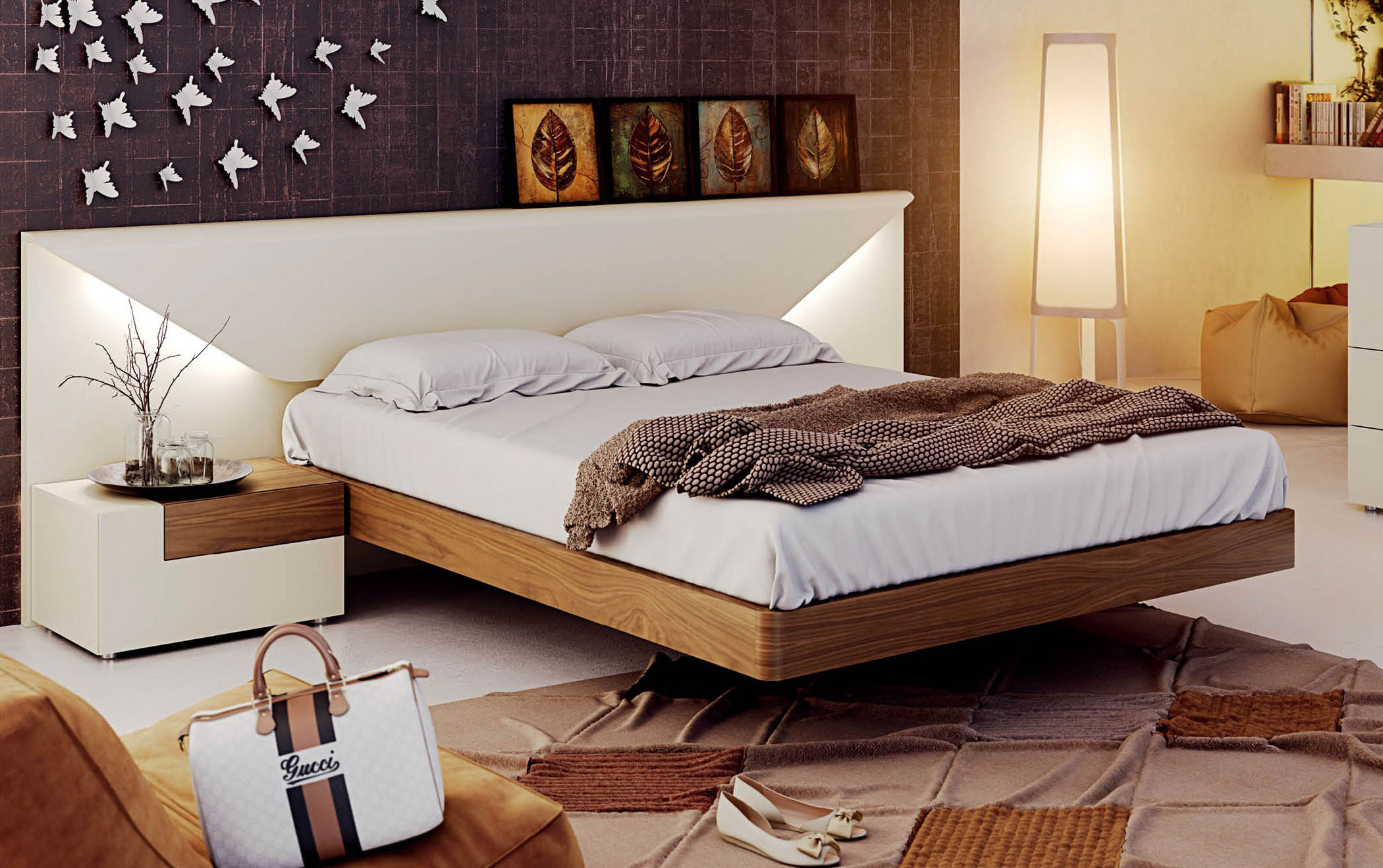 двуспальная кровать бело-коричневая 