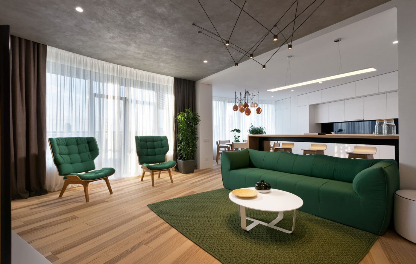 Гостиная с зеленой мебелью