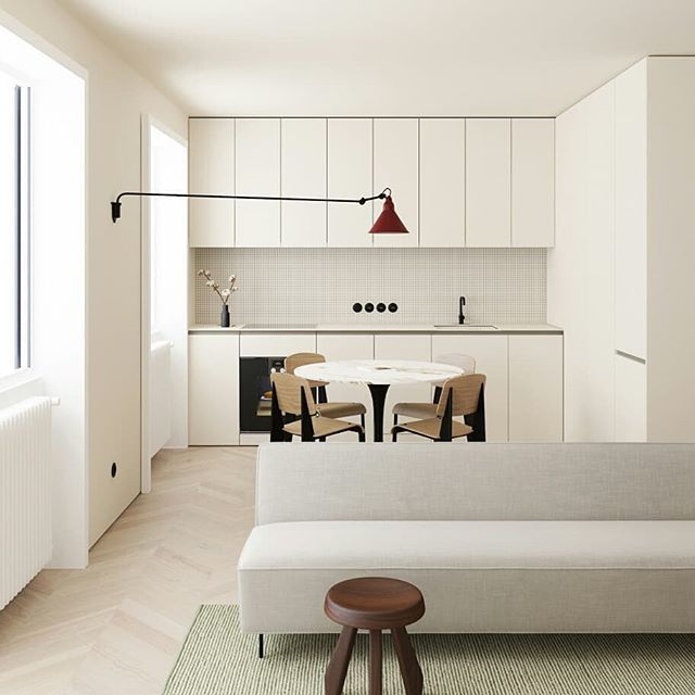 Белая кухня-гостиная в стиле минимализм