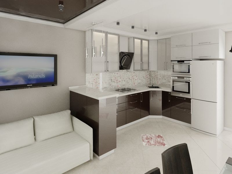 Дизайн кухни гостиной с диваном 17