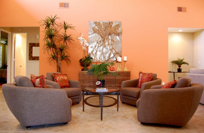 Дизайн гостиной в оранжевом цвете