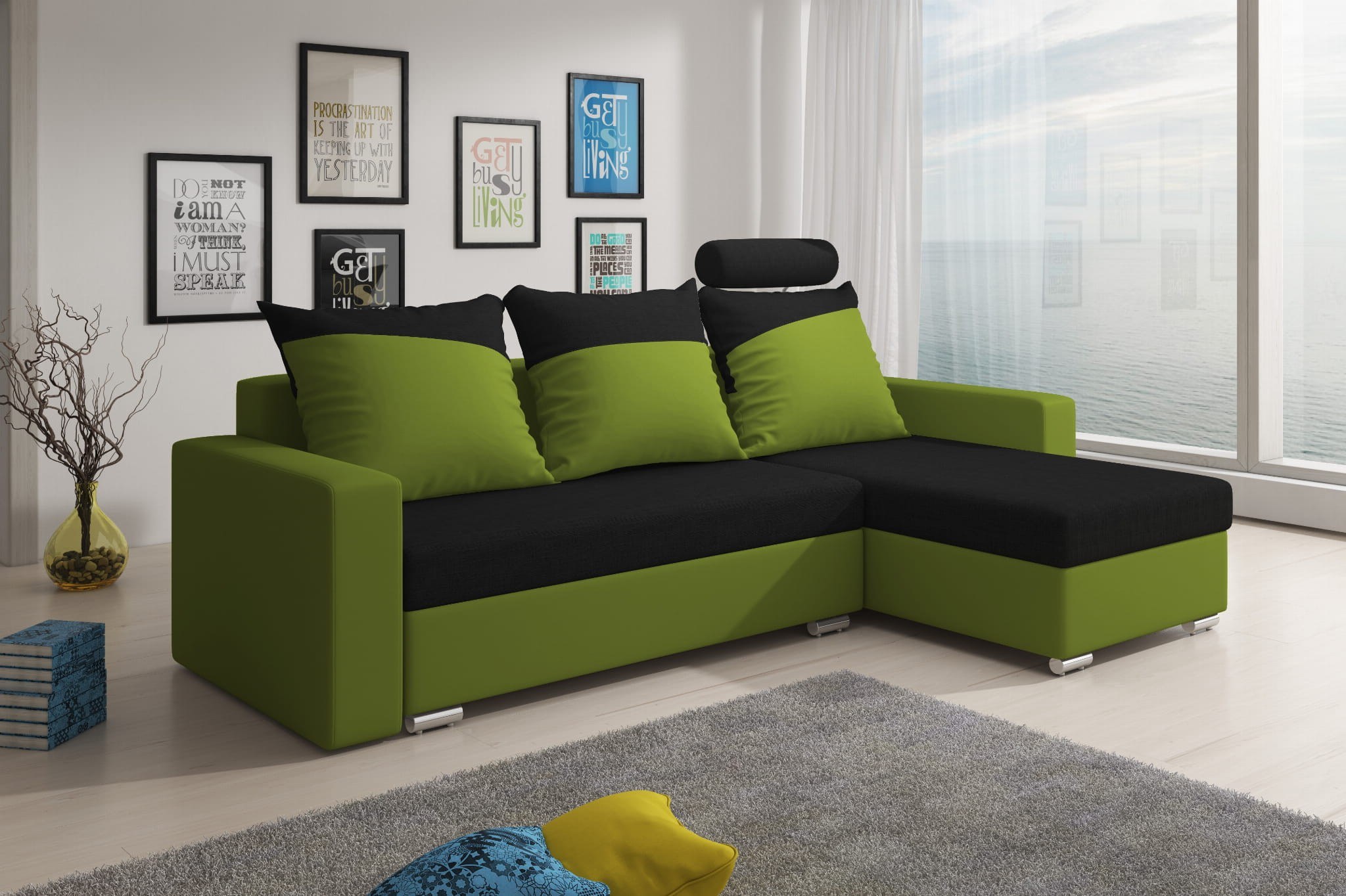 Черно-зеленый угловой диван