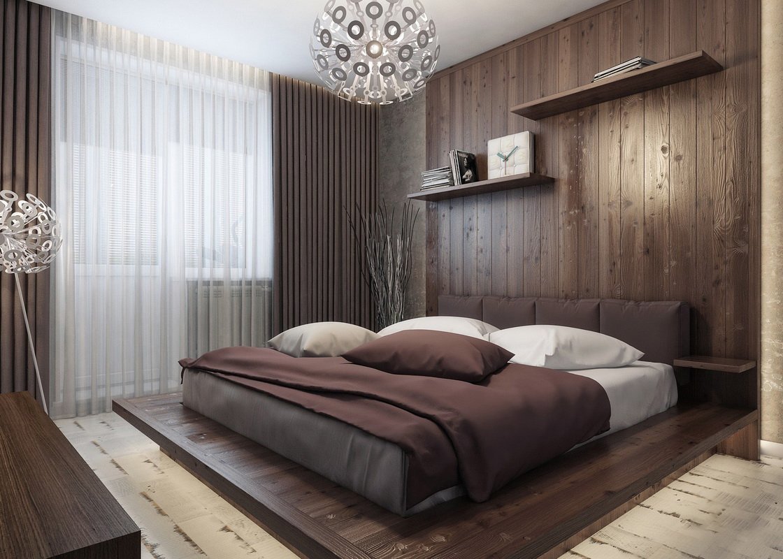 Спальня с деревянным материалом