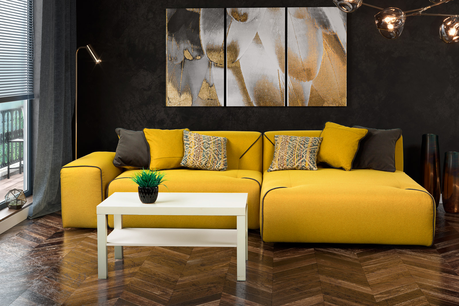 диван в интерьере желтый 