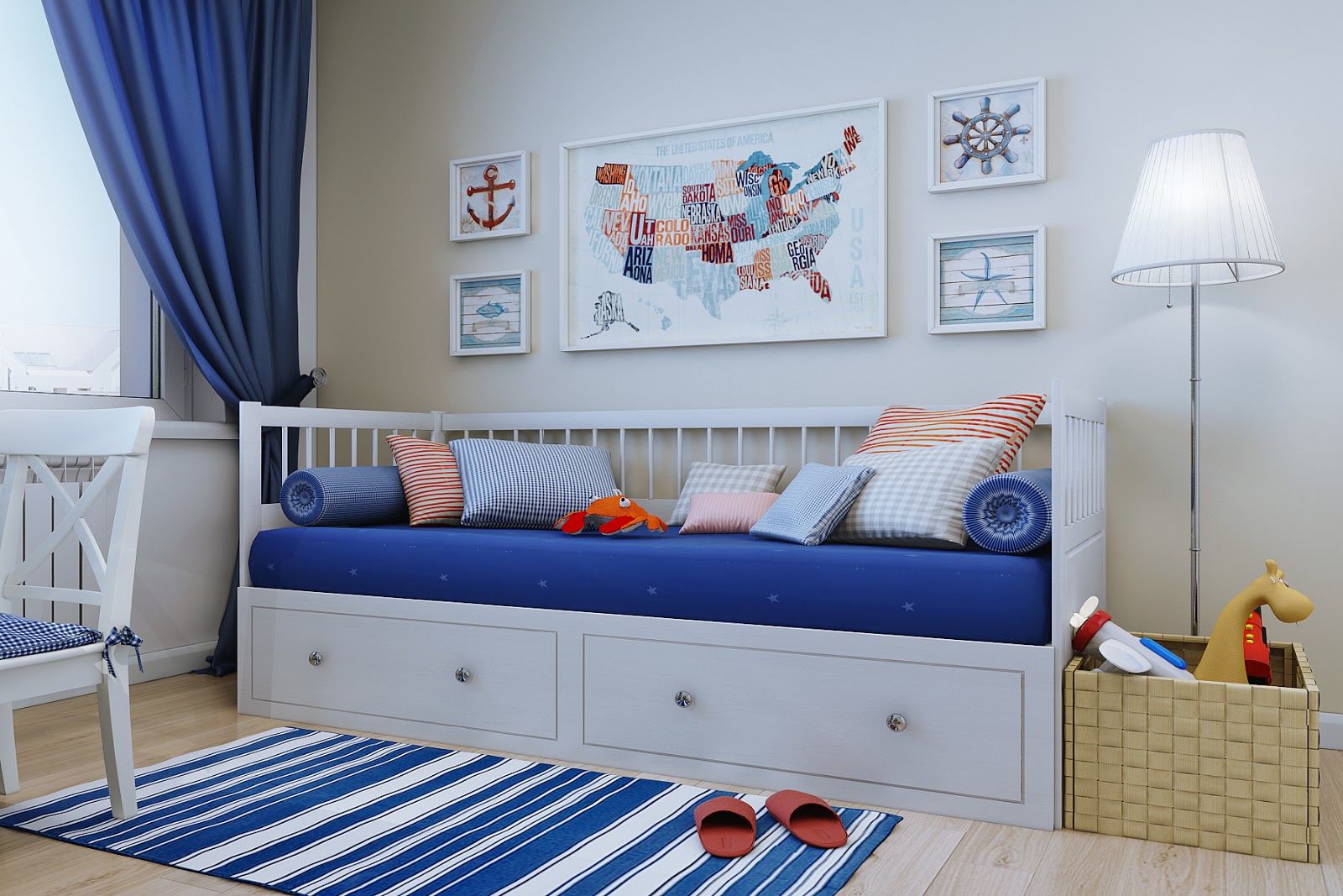 бело-голубая кровать для подростка