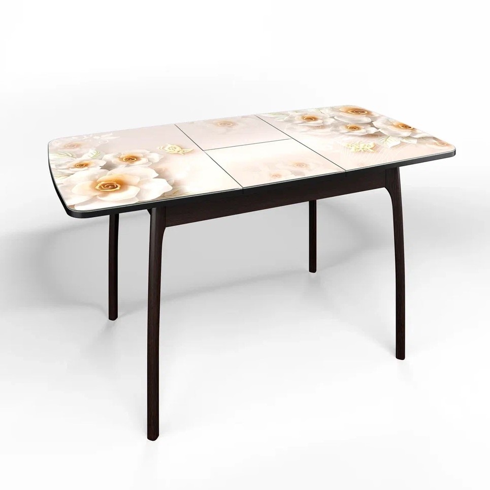 Кухонный стол флорида раздвижной ножки изогнутые массив венге массив, лдсп, стекло с фотопечатью, рисунок см-305