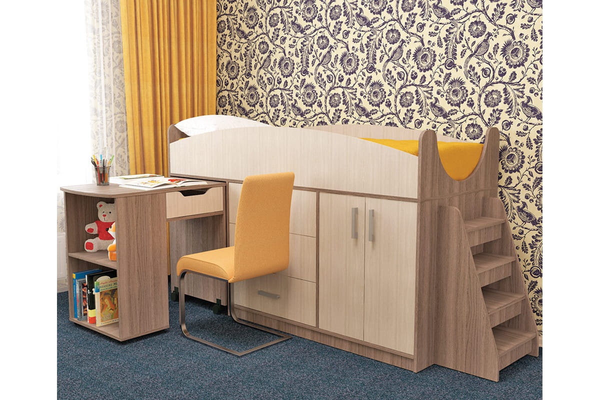 Кровать детская рокси с лесенкой, ящиками, столом и шкафчиком универсальная лдсп, 700х1850 мм, универсальная preview 1