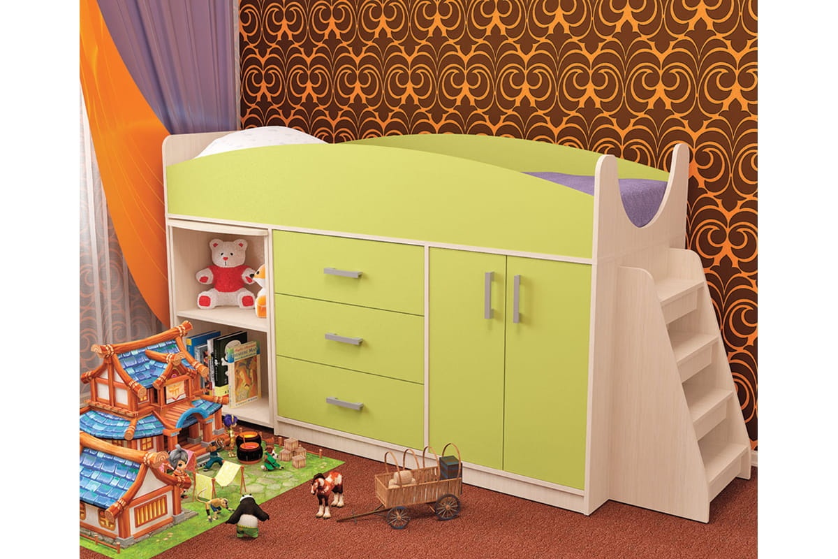 Кровать детская рокси с лесенкой, ящиками, столом и шкафчиком универсальная лдсп, 700х1800 мм, универсальная preview 1