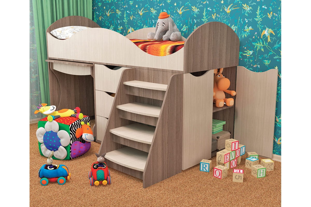 Кровать детская тошка с лесенкой, ящиками, столом и шкафчиком лдсп, 700x1800 мм, универсальная