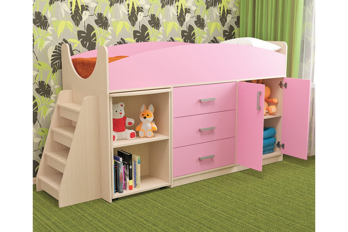 Кровать детская рокси с лесенкой, ящиками, столом и шкафчиком универсальная лдсп, 700х1800 мм, девочка preview 1